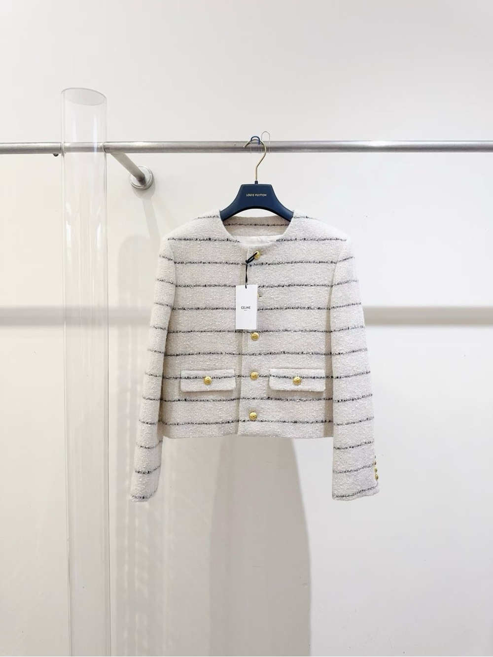 🚩steal Celine Cream and Gray Striped Tweed Cropped Blazer with Gold Buttons